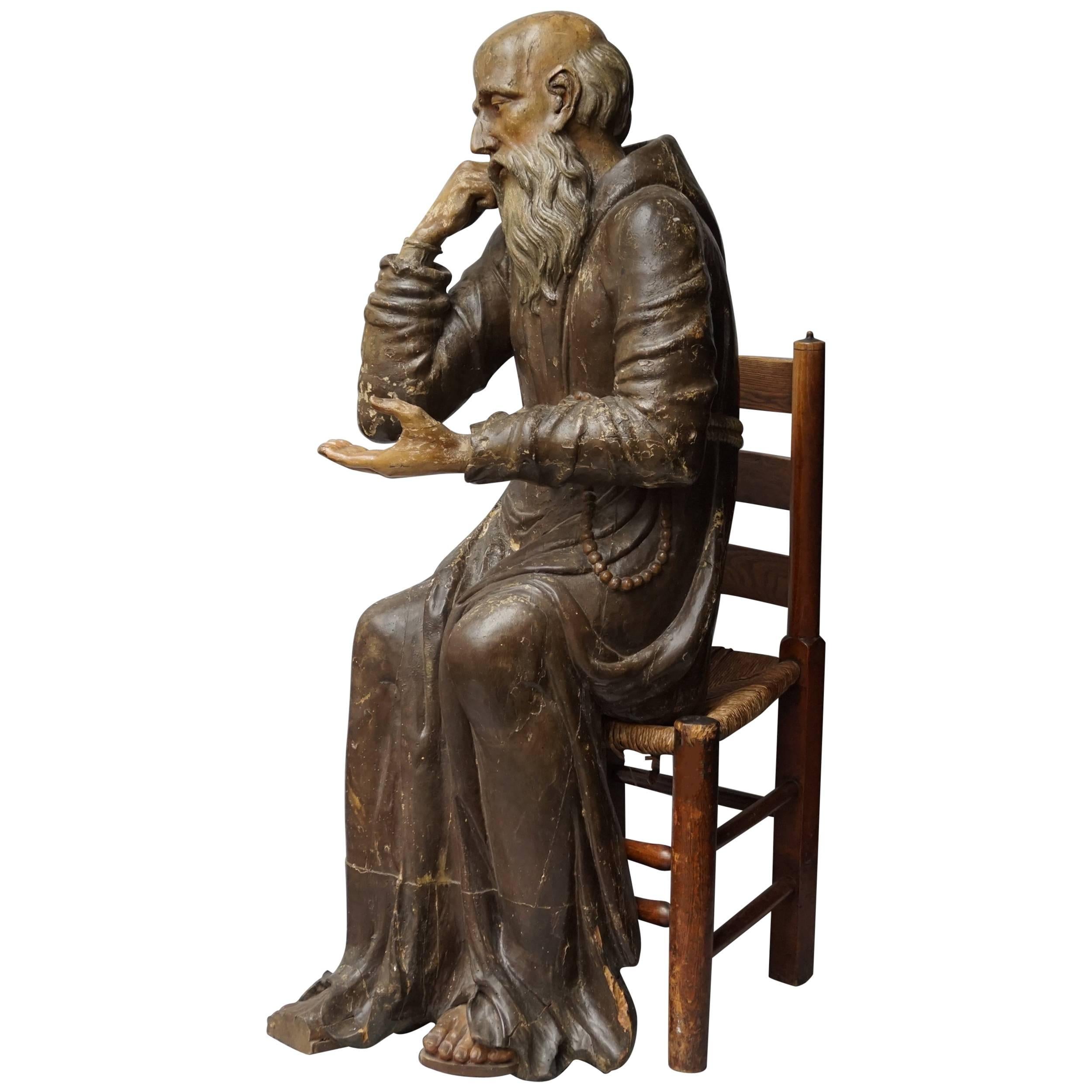 17th Century Wood Carved Polychromed Lifesize Sitting Franciscan Friar
