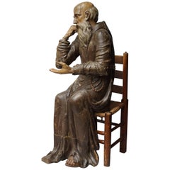 Antique 17th Century Wood Carved Polychromed Lifesize Sitting Franciscan Friar