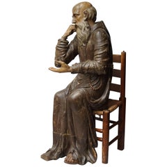 Used 17th Century Wood Carved Polychromed Lifesize Sitting Franciscan Friar