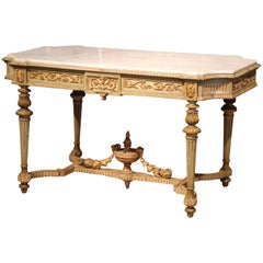 19th Century French Louis XVI Carved Painted Center Table with White Marble Top 19th Century French Louis XVI Carved Painted Center Table with White Marble Top