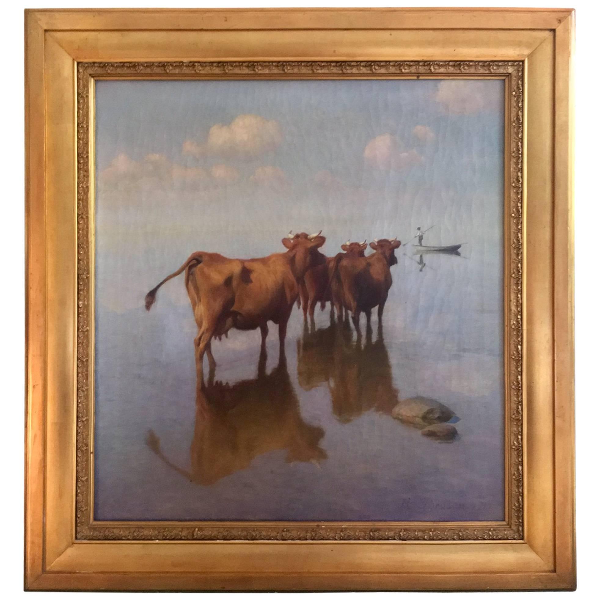 Cows and Fisherman Painting by Hans Brasen
