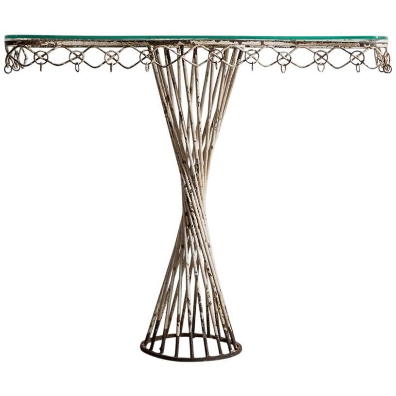 White Painted Metal Console with a Twisted Cylindrical Base and Glass Top