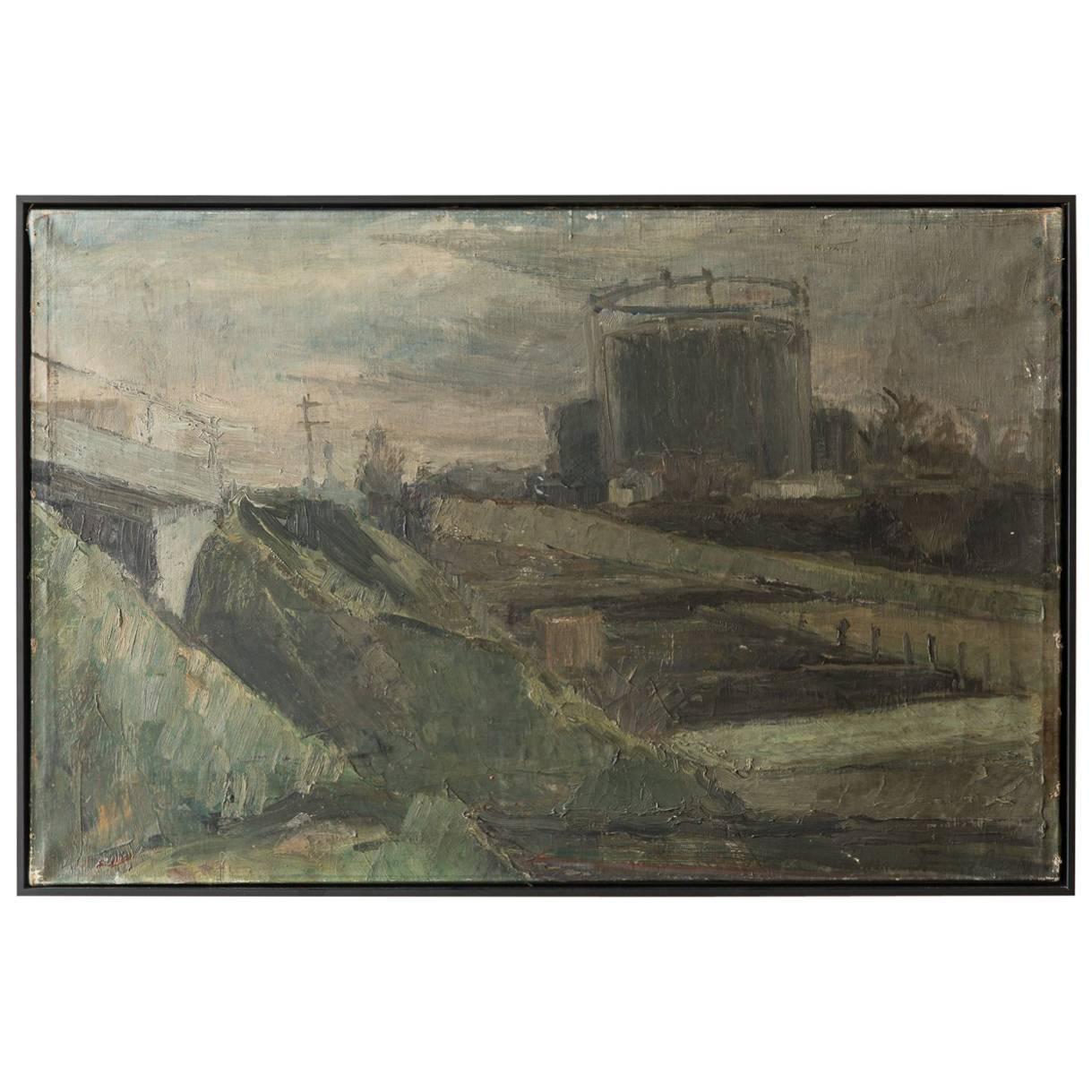 Black Framed "Gaswork" Vintage Industrial Landscape Painting Signed Flemming