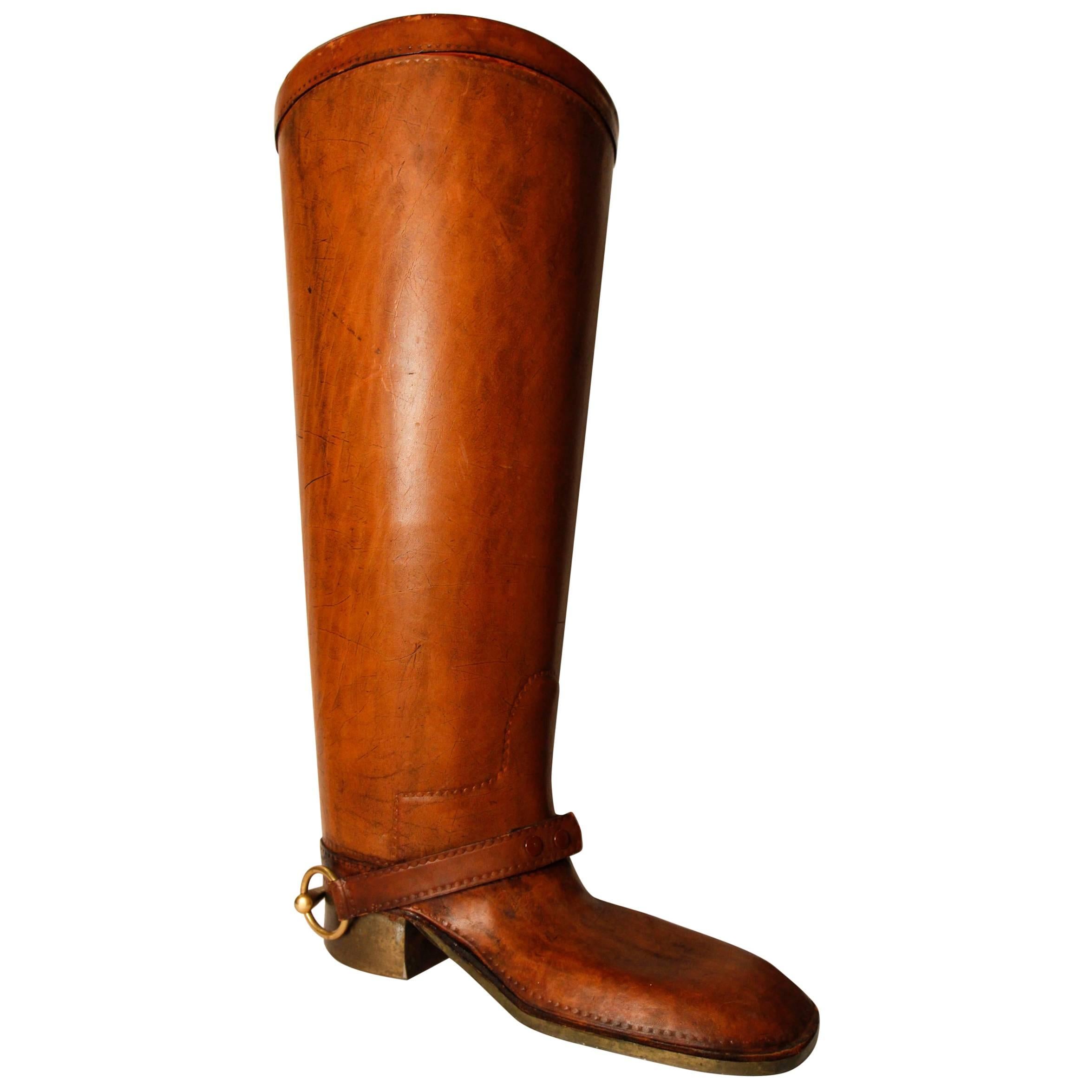 Large Leather and Brass Equestrian Boot, Style of Gucci For Sale