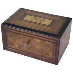 Antique English Walnut and Oak Tea Caddie, Ebony Inlay