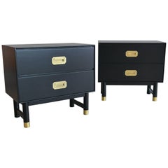 Retro Pair of Black Lacquer and Brass Campaign Nightstands, circa 1960