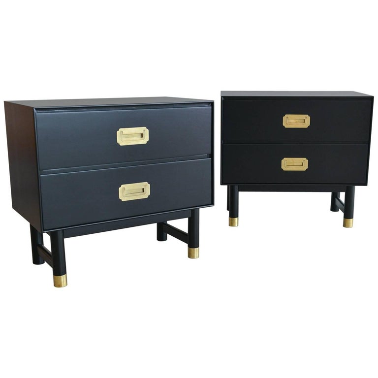 Pair of Black Lacquer and Brass Campaign Nightstands, circa 1960 at 1stDibs