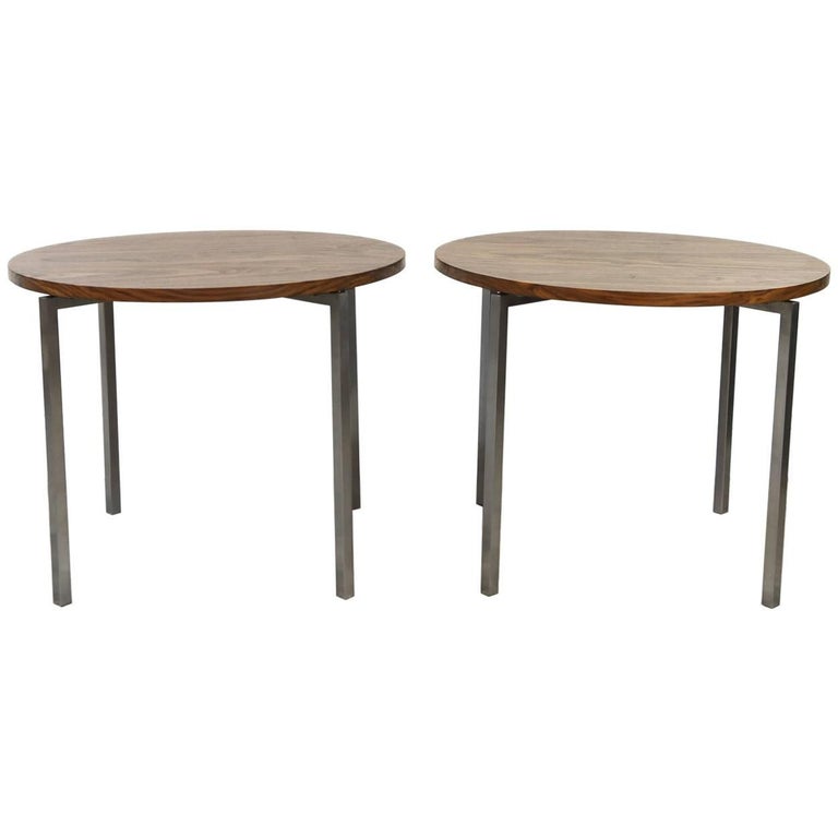 Pair of Florence Knoll Wooden Top Circular Side Tables or Drink Stands