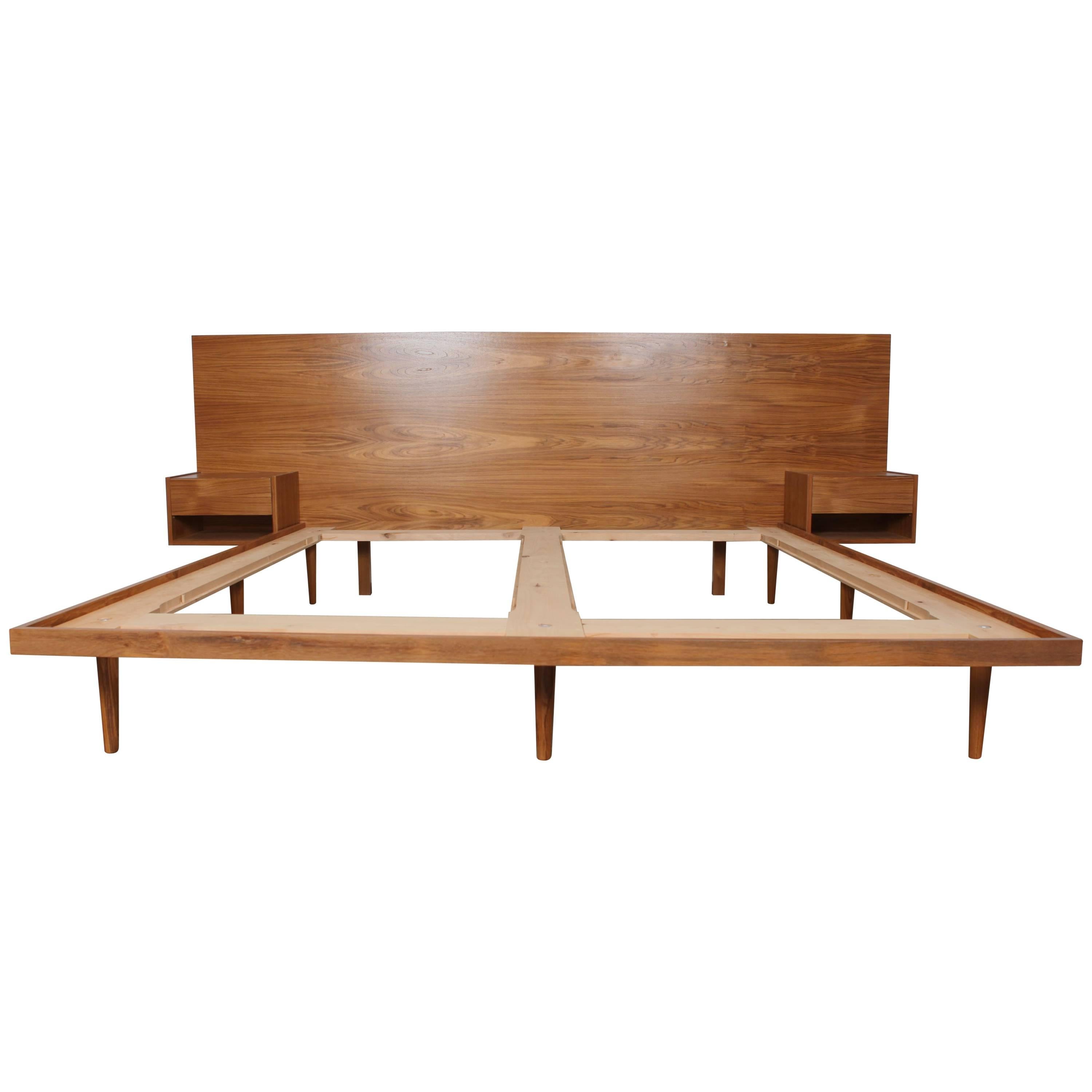 New Teak King Bed with Mounted Nightstands Based on Hans Wegner Design