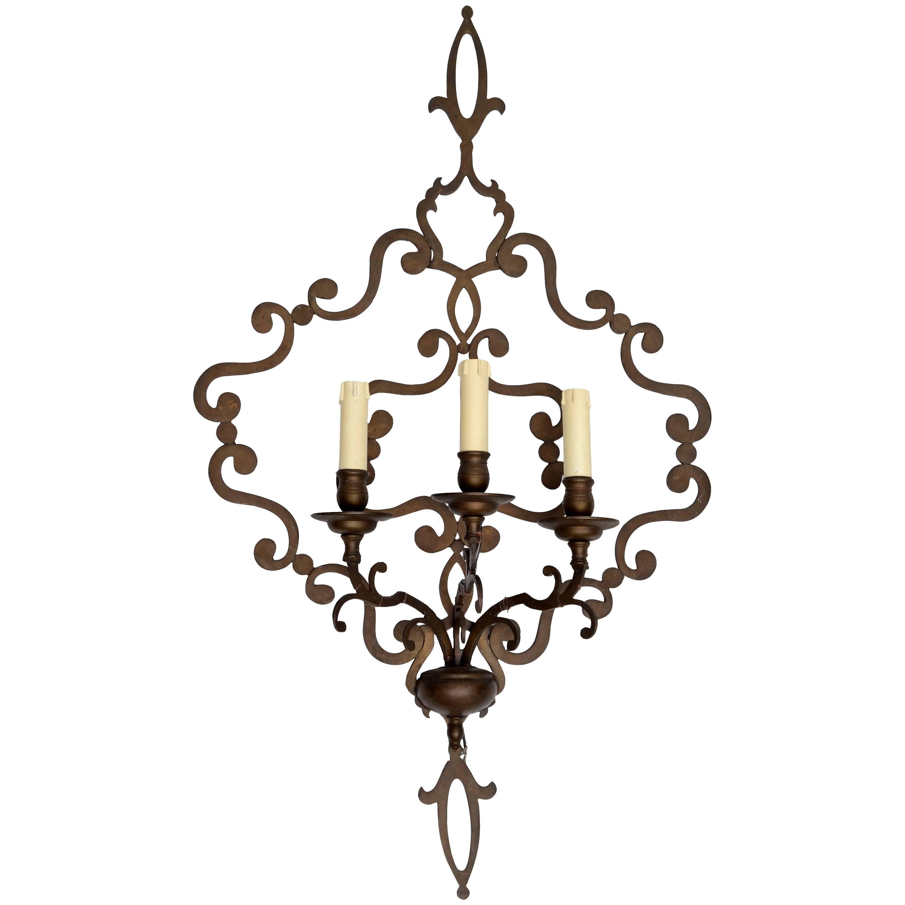 1940s Italian Neoclassical Wrought Iron Applique 3 Light Wall Sconce 