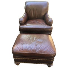 Designer Chocolate Brown Leather Club Chair and Ottoman