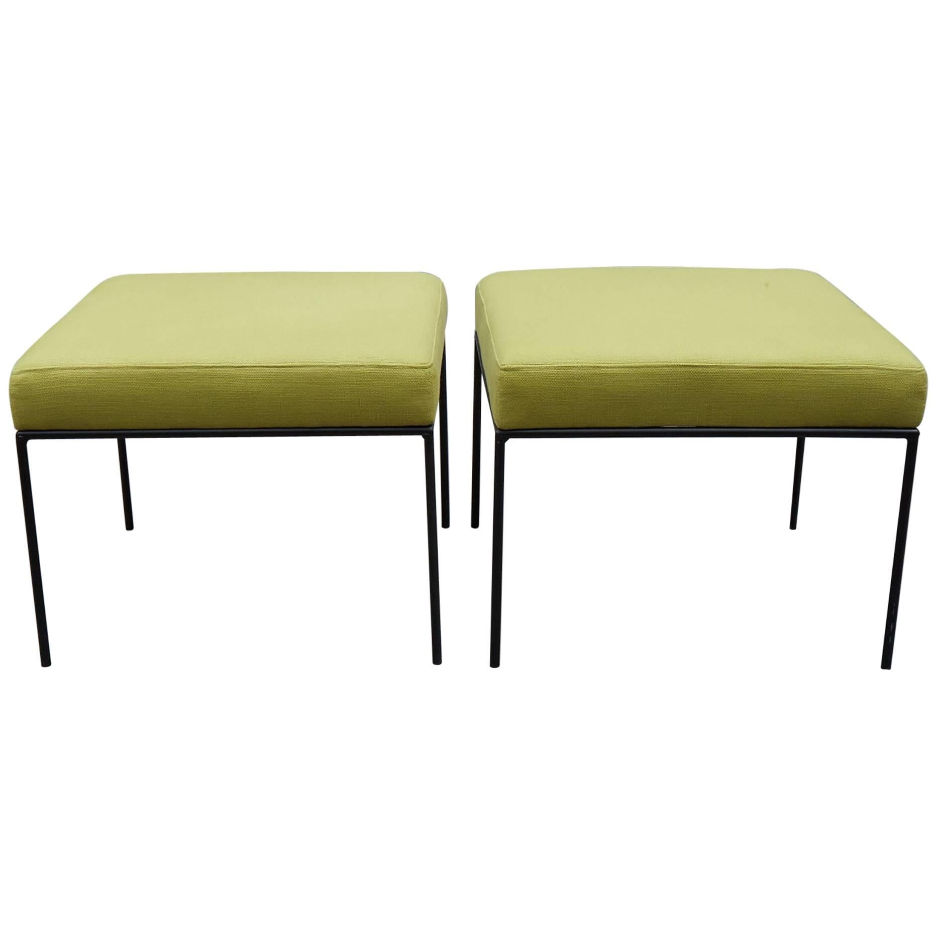 Paul McCobb Square Wrought Iron and Chartreuse Linen Ottomans