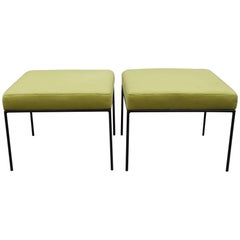 Paul McCobb Square Wrought Iron and Chartreuse Linen Ottomans