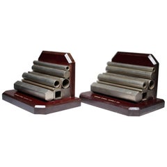 Drake Steel Supply Company Vintage Wood and Steel Bookends, circa 1930s