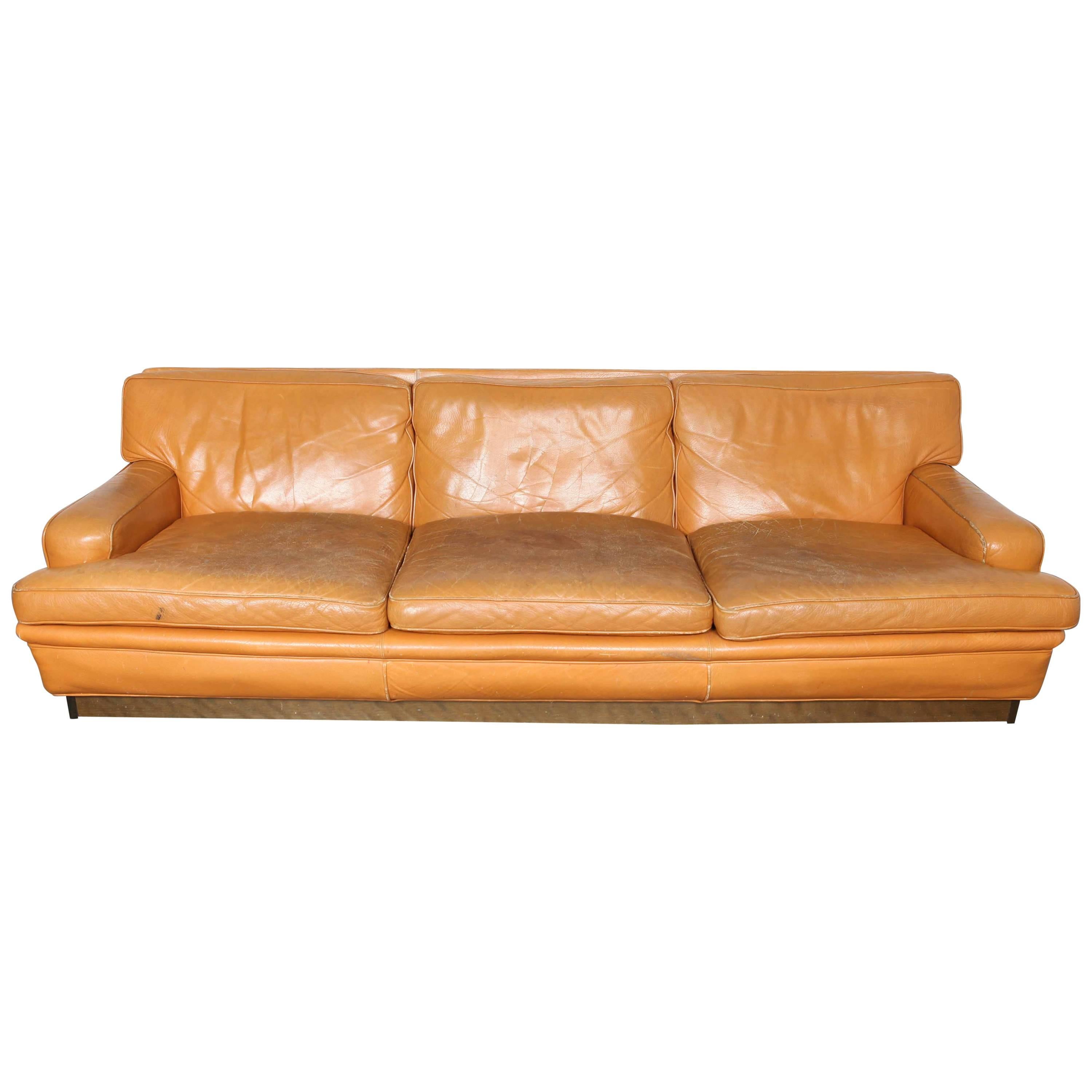 Three-Seat Camel Leather Sofa Attributed to Arne Norell