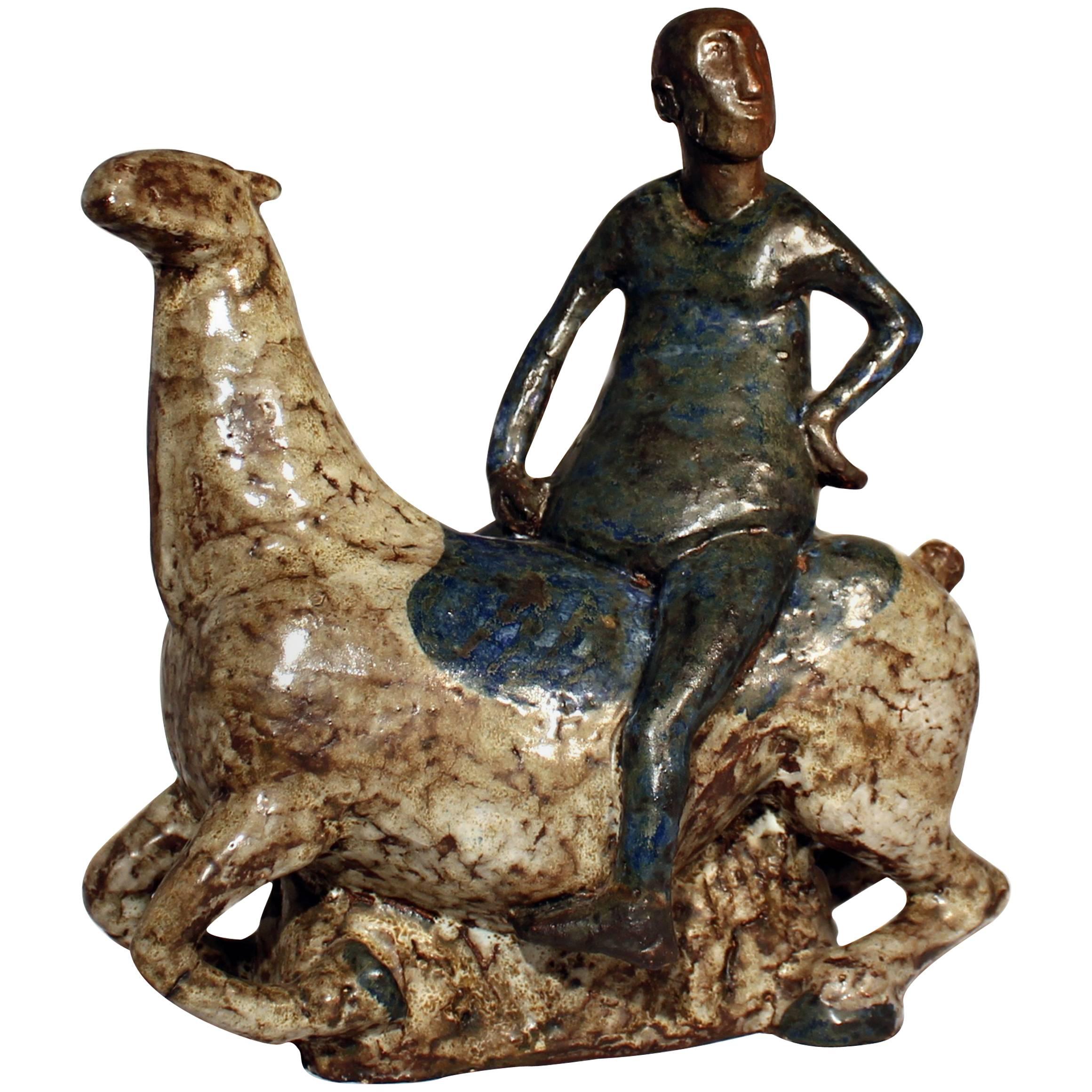 Åke Holm Höganäs Sweden Man on Horse Glazed Stoneware Sculpture, 1950s For Sale