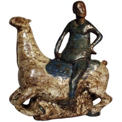 Åke Holm Höganäs Sweden Man on Horse Glazed Stoneware Sculpture, 1950s