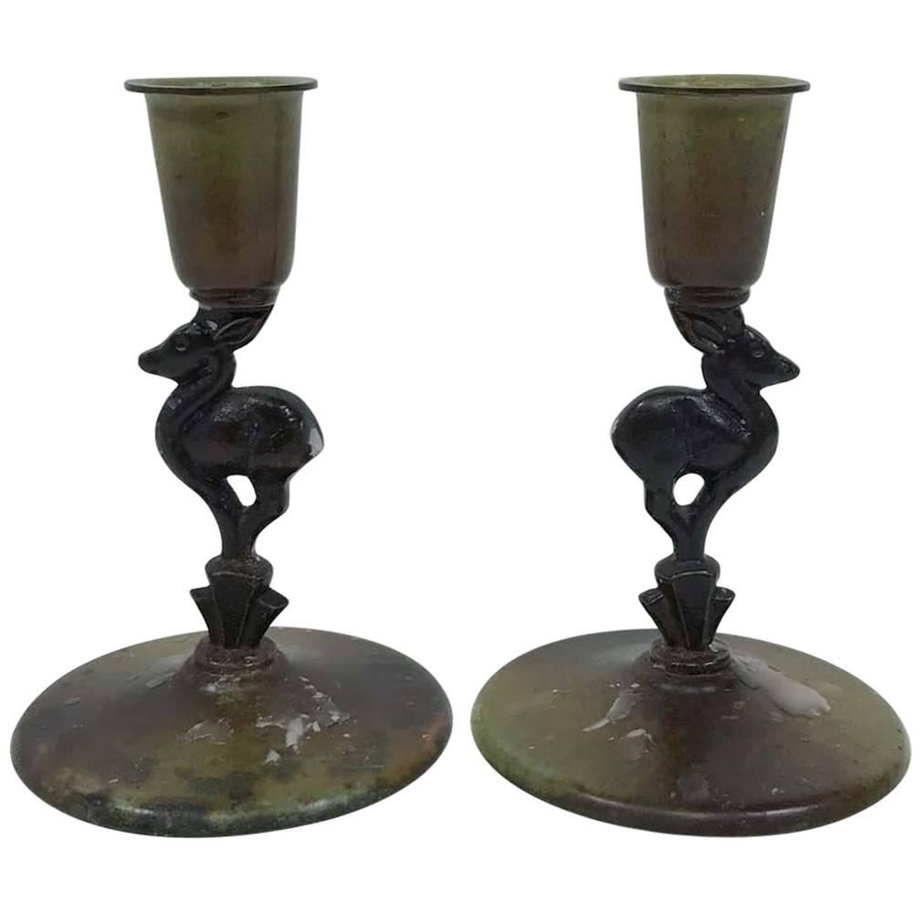 Ystad Brons Fawn Candleholders, Pair For Sale