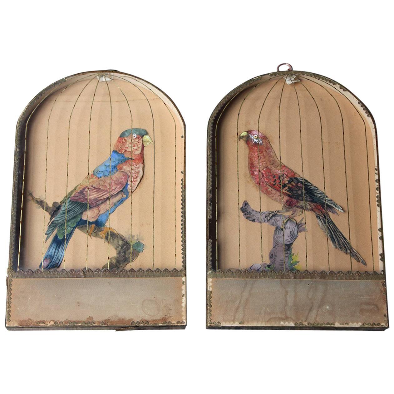 Pair of Appliqué Paper Pictures in the Form of Caged African Parrots, circa 1800