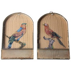 Used Pair of Appliqué Paper Pictures in the Form of Caged African Parrots, circa 1800