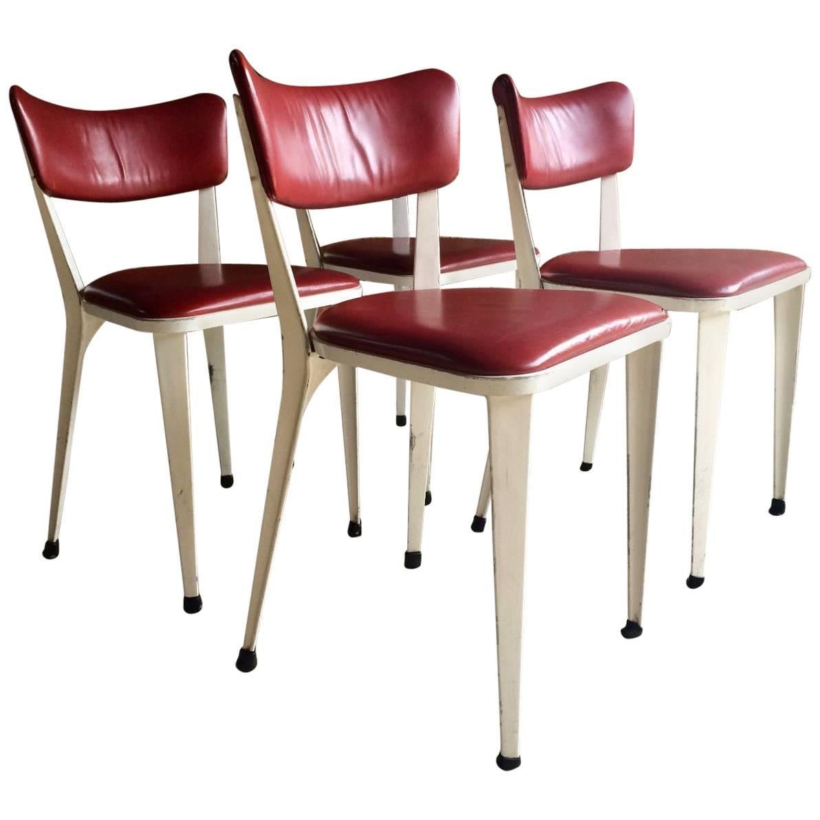Midcentury Ernest Race Set of Four BA3 Dining Chairs White Cherry Red Leather