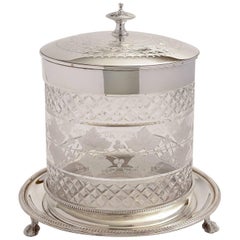 Antique Victorian Etched Glass and Silver Plated Biscuit/Cookie Jar, circa 1880