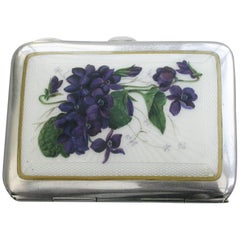 Early 20th Century Silver and Guilloche Enamel 'Violets' Cigarette Case, 1915