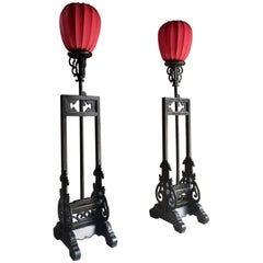 Chinese Standard Floor Lamps with Red Lantern Shades Ebonized Hardwood