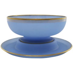 Vintage Azure Blue Frosted Glass Punch Bowl and Charger with Gold Rim