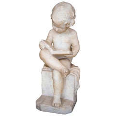 Antique Italian 19th Century Marble Sculpture Putto Reading a Book Signed Pugi