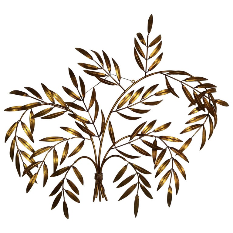 Italian Gilt Metal Wall Sculpture Of Branches With Leaves Midcentury Hollywood For Sale At 1stdibs