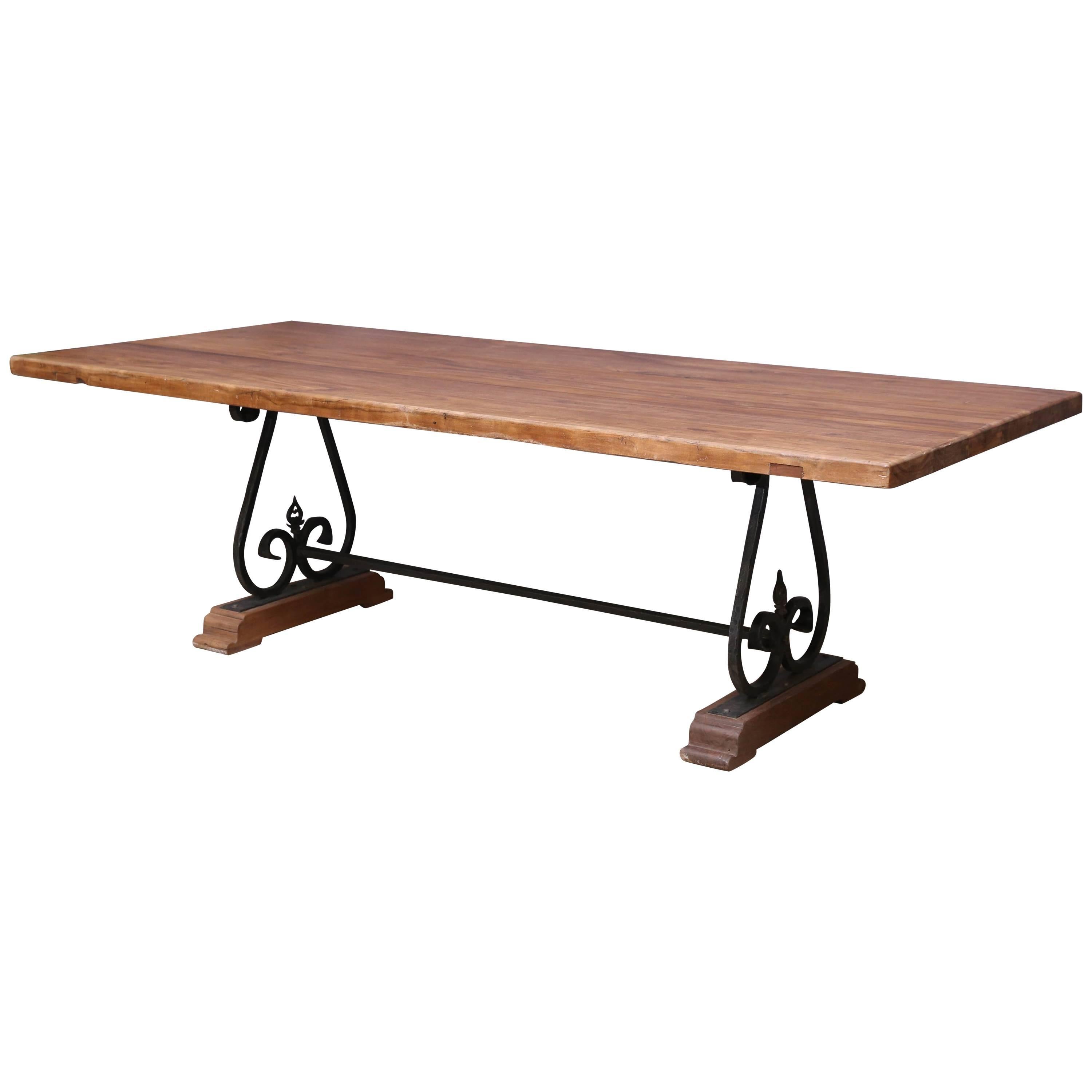 Pedestal Dinning Table with Solid Teak Wood Top on a Wrought Iron Support For Sale