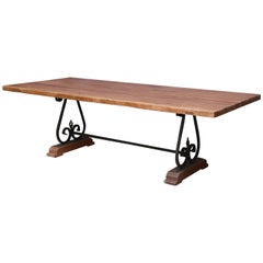 Pedestal Dinning Table with Solid Teak Wood Top on a Wrought Iron Support