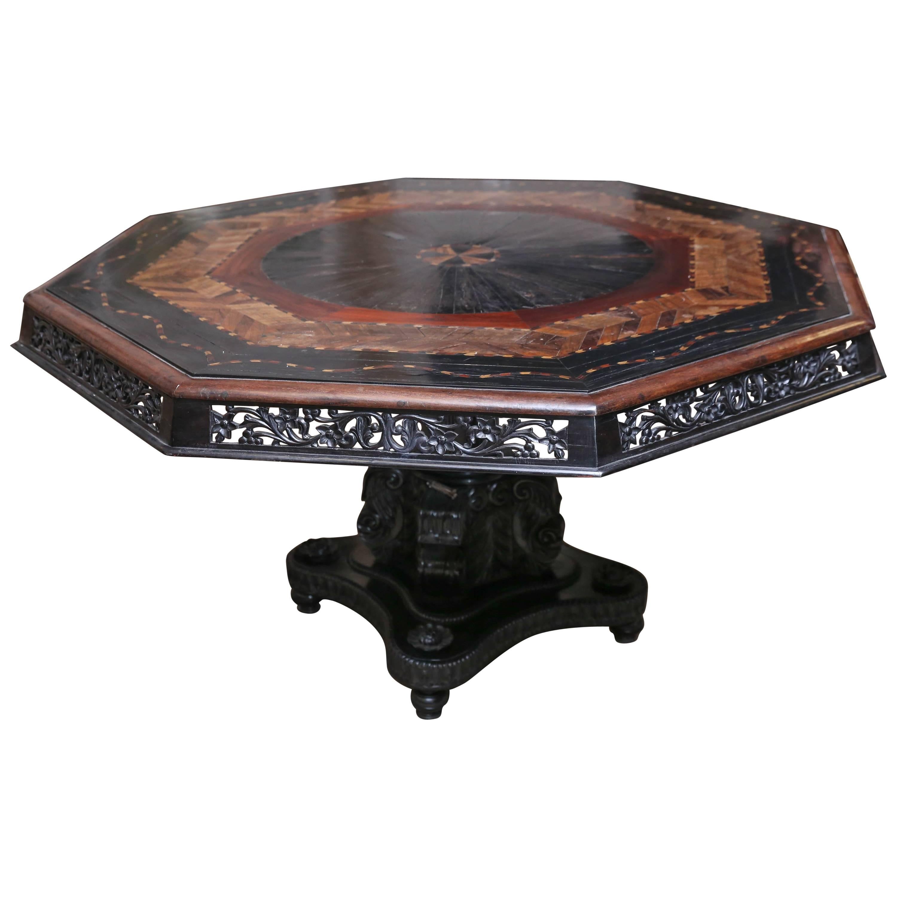 Extraordinary 1850s Solid Ebony Hexagonal Specimen Wood Table from Sri Lanka For Sale