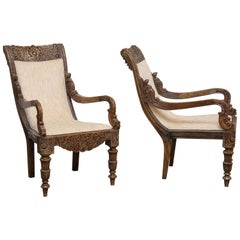 Antique Pair of 19th Century Solid Satinwood Intricately Carved Plantation Chairs