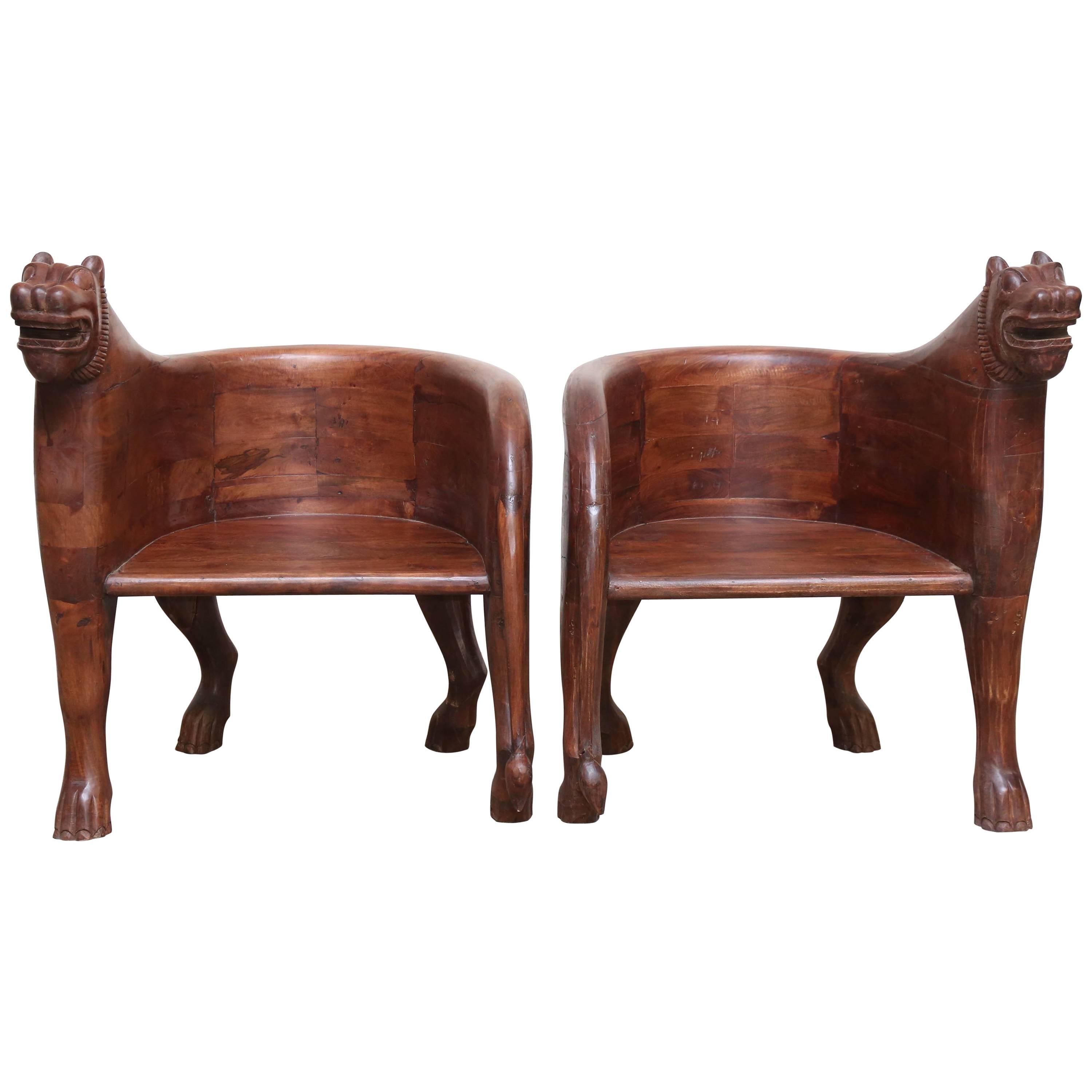 Pair of Midcentury Solid Teak Wood Leopard Chairs from Hunting Lodges in India