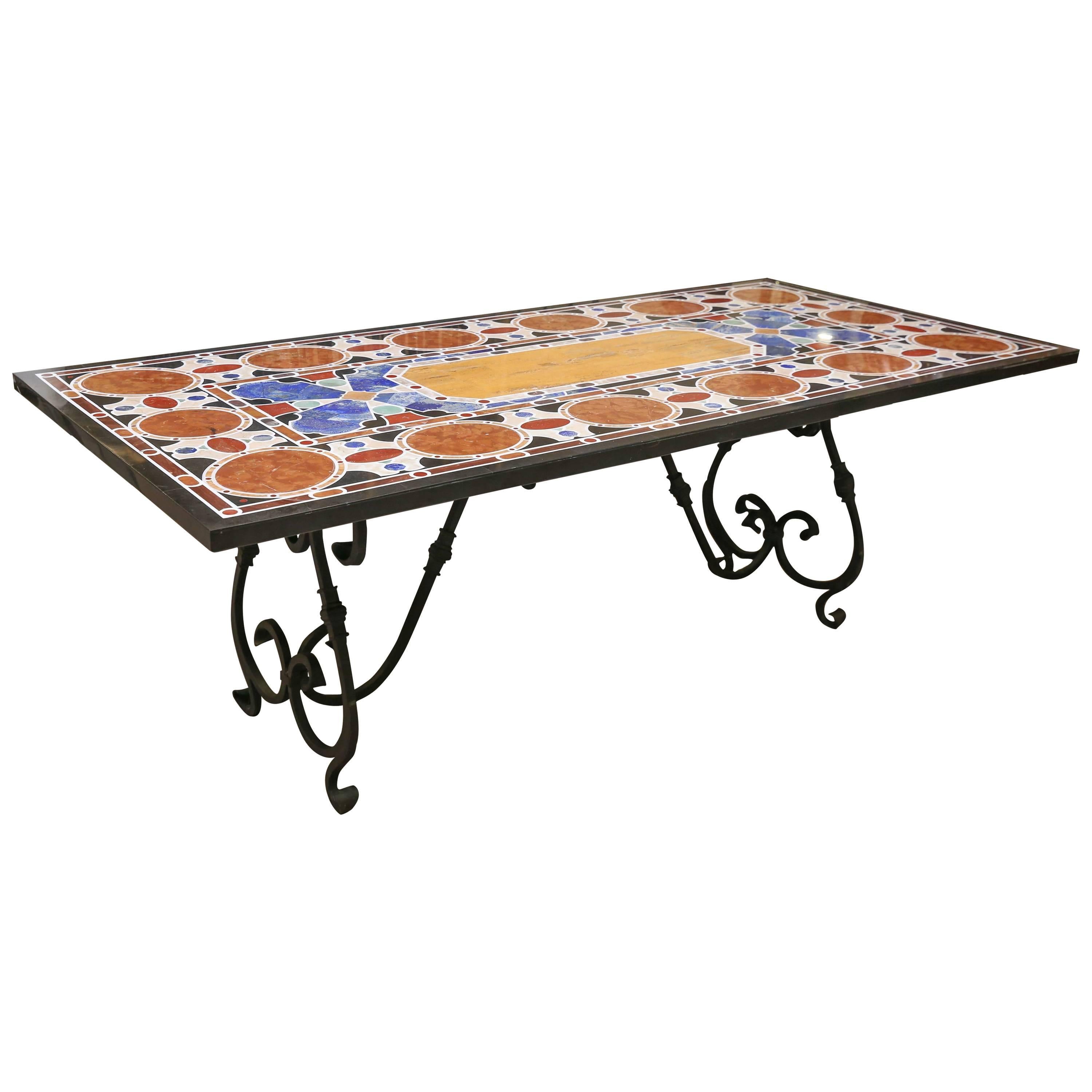 Midcentury Pietra Dura Inlaid Marble Dinning Table on Iron Support