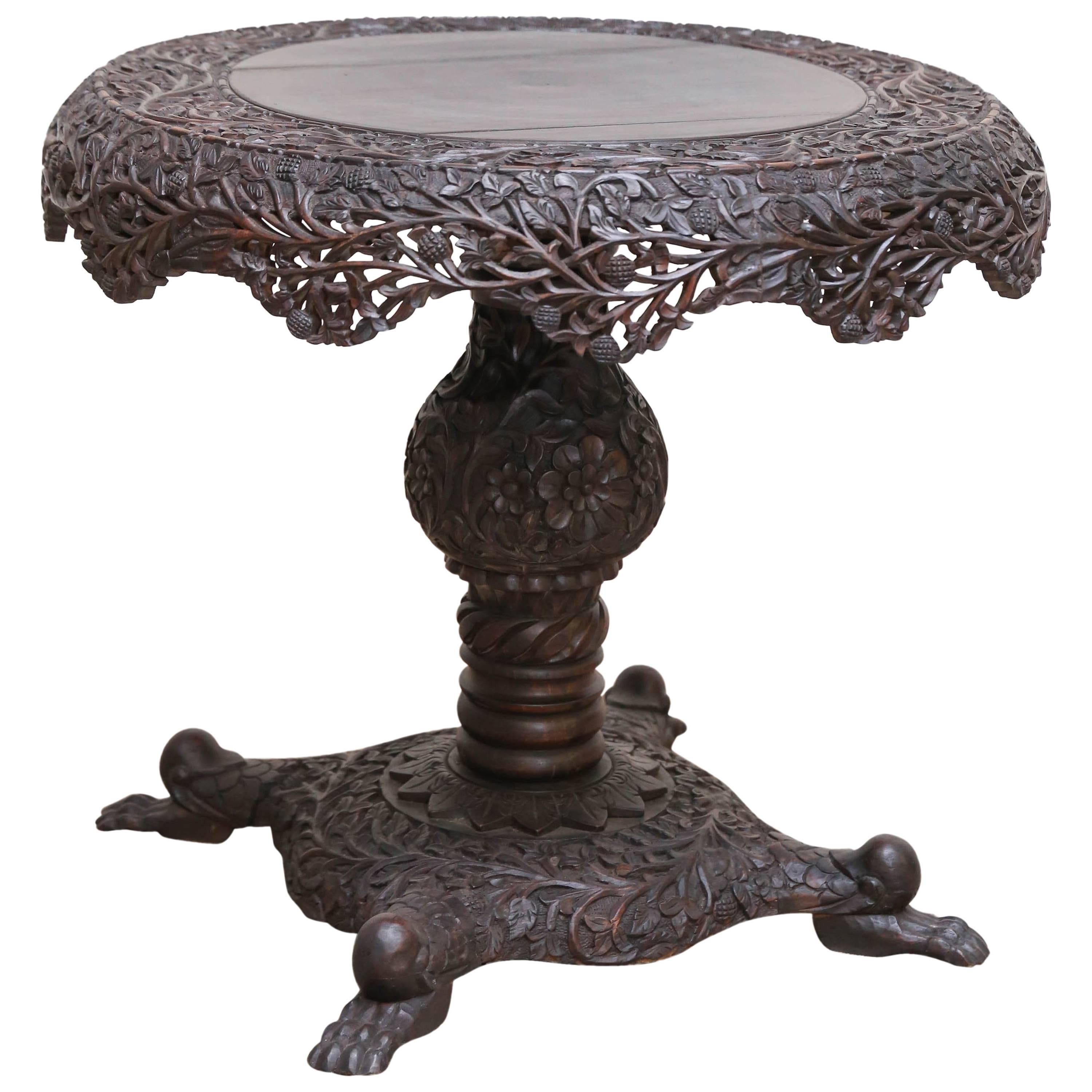 1920s Ebonized Solid Teak Wood Heavily Carved Center Table