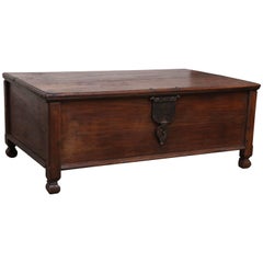 Large Teak Wood Early 19th Century Dowry Chest on Four Wooden Wheels