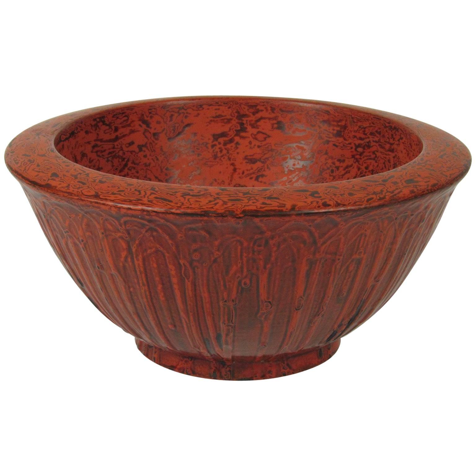 Midcentury Japanese Red Marbleized Lacquer Wide Rimmed Bowl For Sale