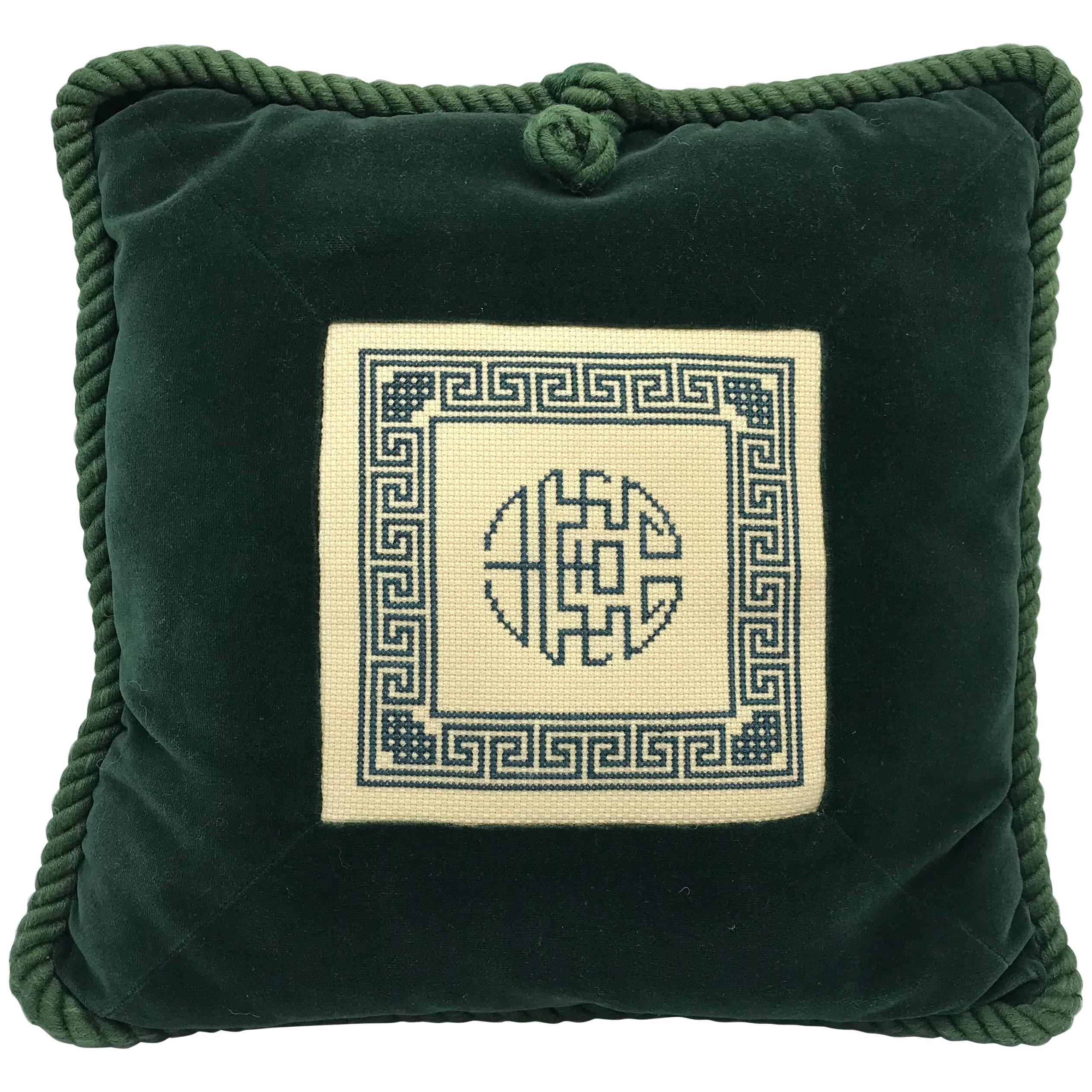 1960s Chinoiserie Needlepoint and Green Velvet Pillow