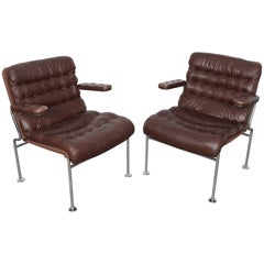 Pair of Brown Tufted Leather Arm "Birgitta" Chairs by Bruno Mathsson for DUX