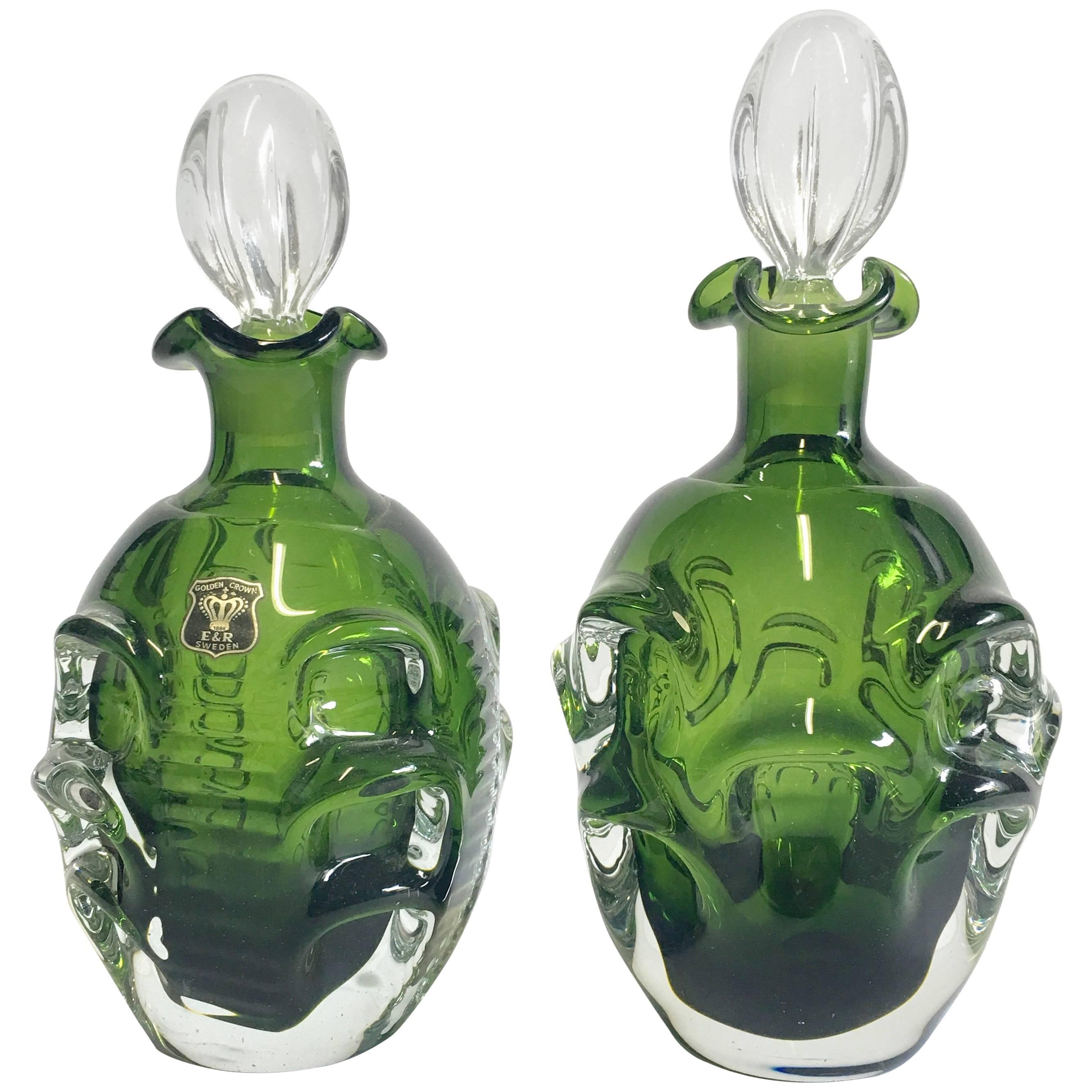 Pair Of Mid-Century Modern Swedish Emerald Green Blown Glass Decanters For Sale