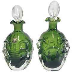 Pair Of Mid-Century Modern Swedish Emerald Green Blown Glass Decanters