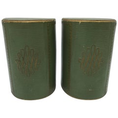 Vintage 1940s Italian Green Leather Bookends with Gold Detailing, Pair
