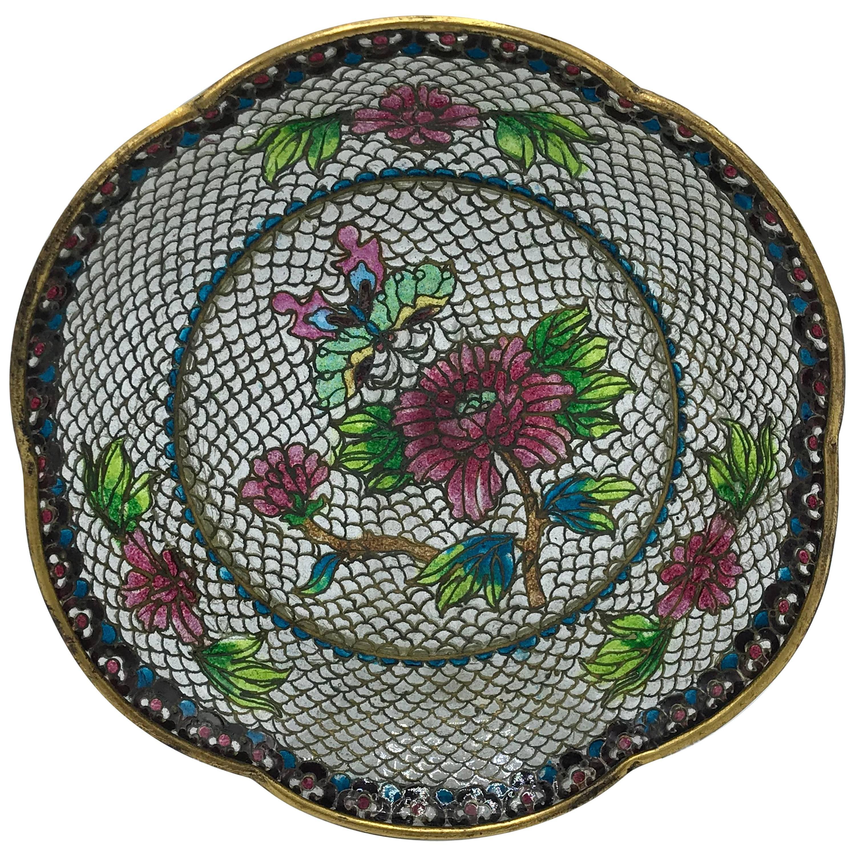 19th Century French Plique a Jour Cloisonné Mosaic Dish with Floral Motif