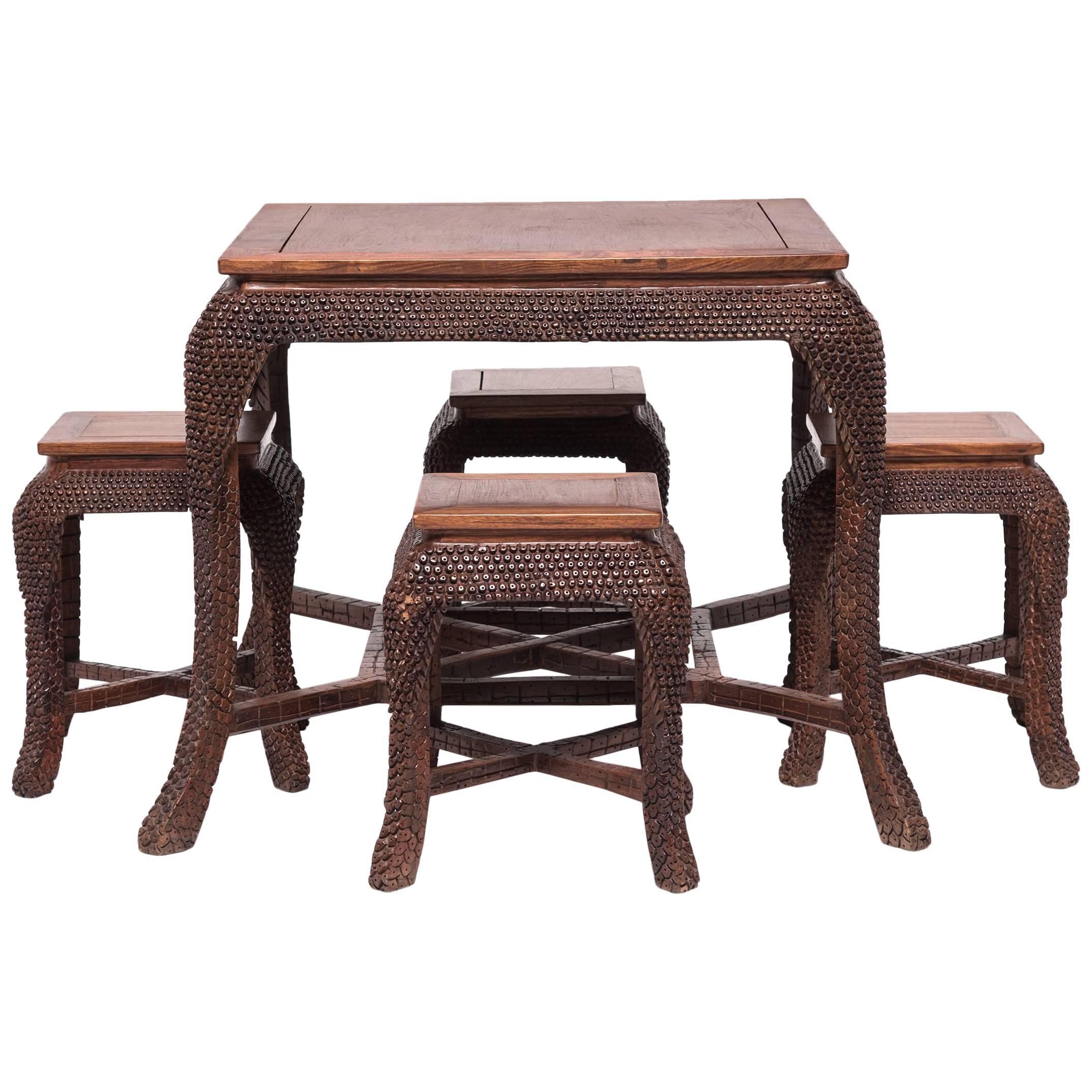 Chinese Dragon Scale Tea Table and Stools