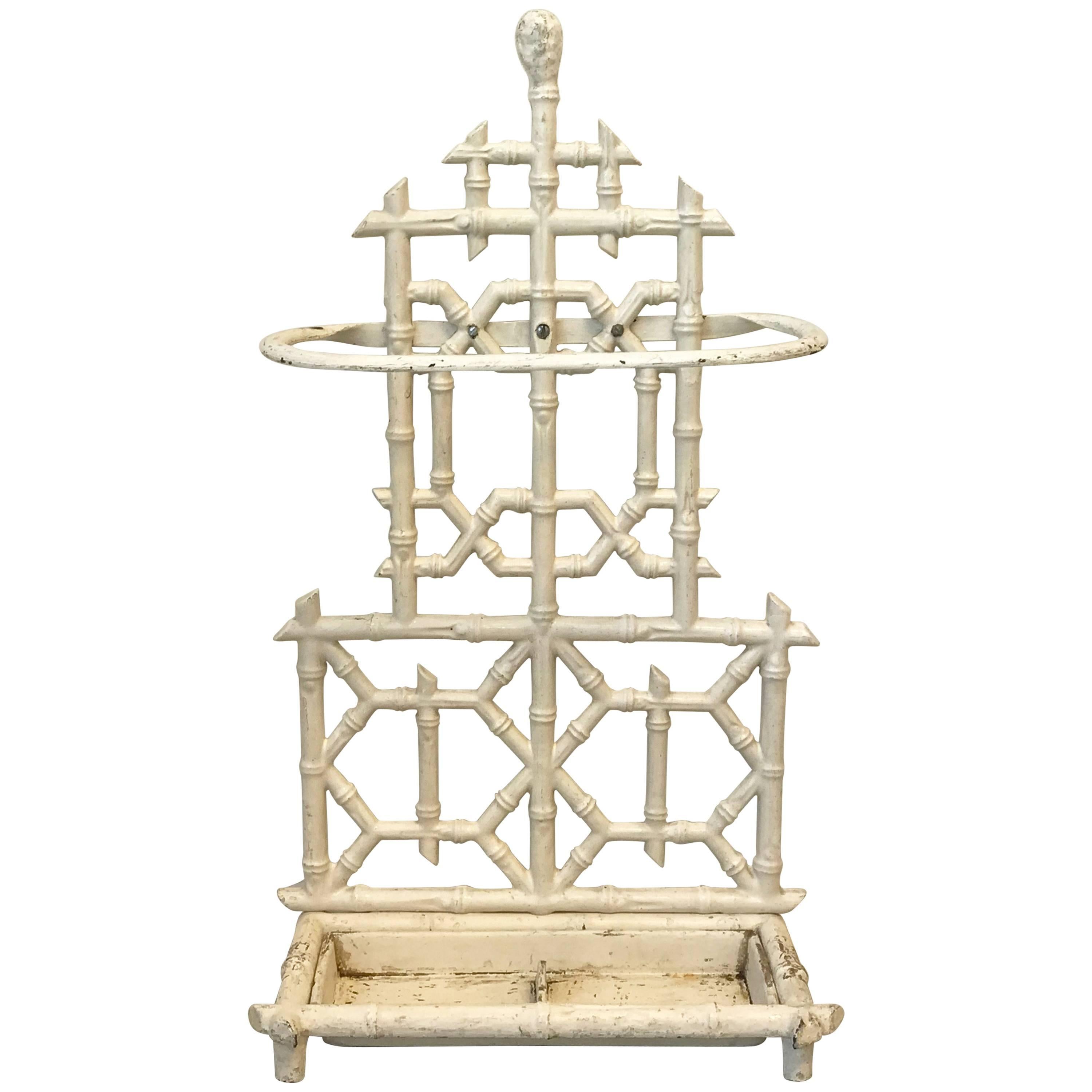 1920s Cast-Iron White Faux Bamboo Umbrella Stand with Tray