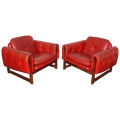 Pair of Red Leather "Milano" Lounge Chairs by Risto Halme on Rosewood Base