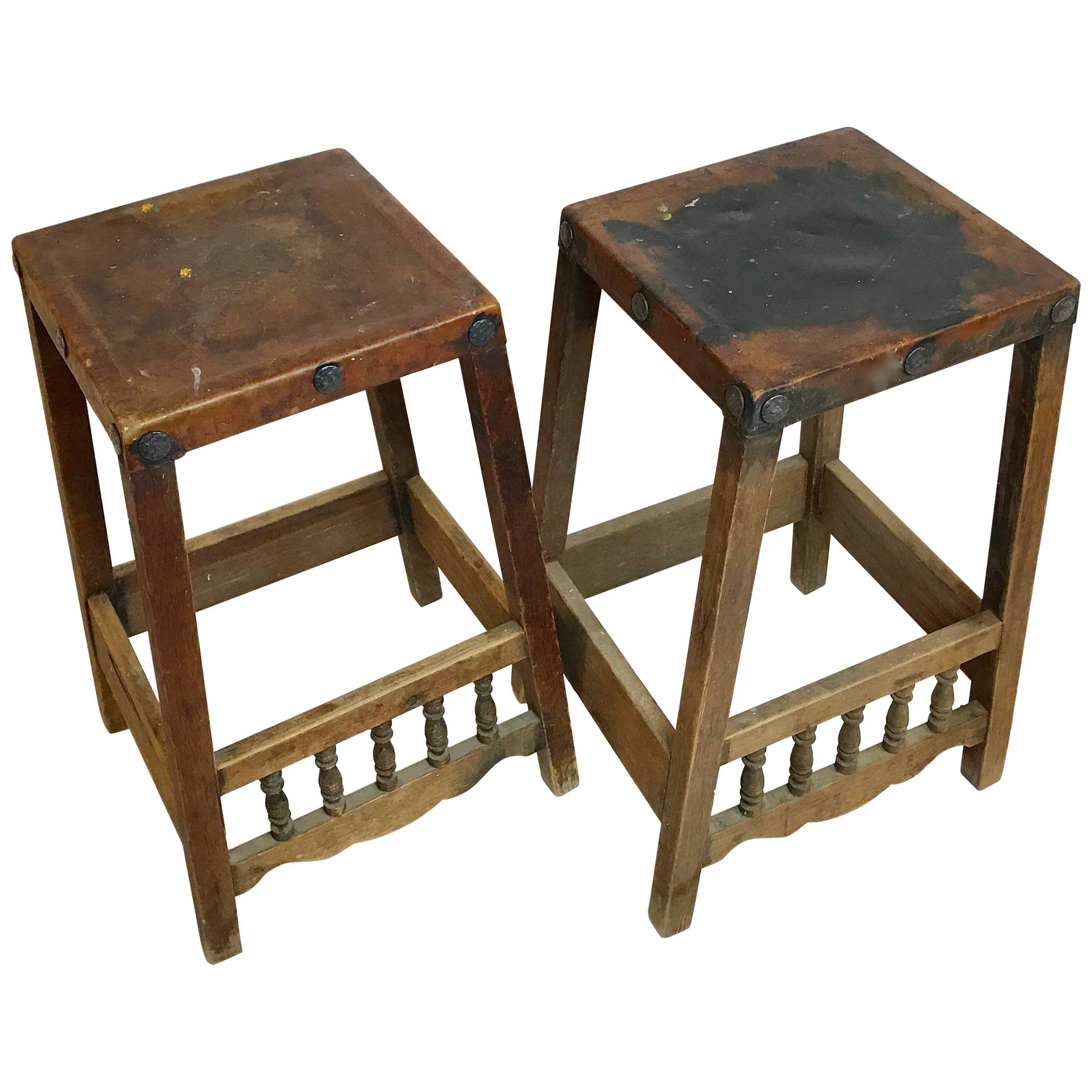 Early American Rustic Folk Art Leather & Wood with Hand-Forged Detail Bar Stools